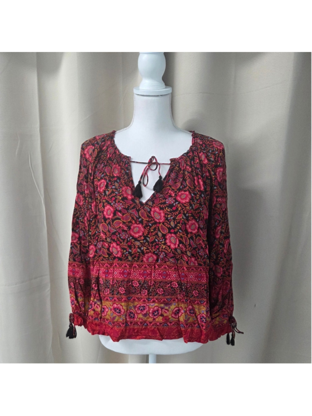 Forever 21 Floral Blouse Red Black Festival Tassels Size S
